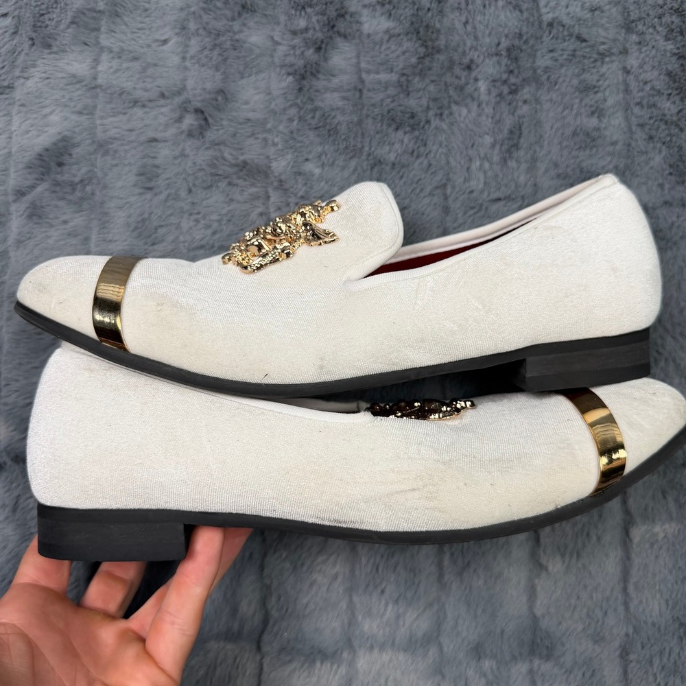 Meijiana Velvet Loafers Mens 9 Cream Gold Crest Metal Cap Toe Smoking Shoes